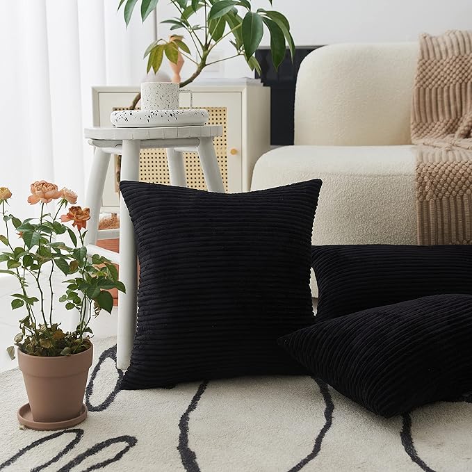 Home Brilliant Rectangle Throw Pillow Covers Fall Decor Super Soft Striped Corduroy Solid Cushion Covers Oblong Throw Pillowcases for Lumbar, 12 x 20 inch, Black