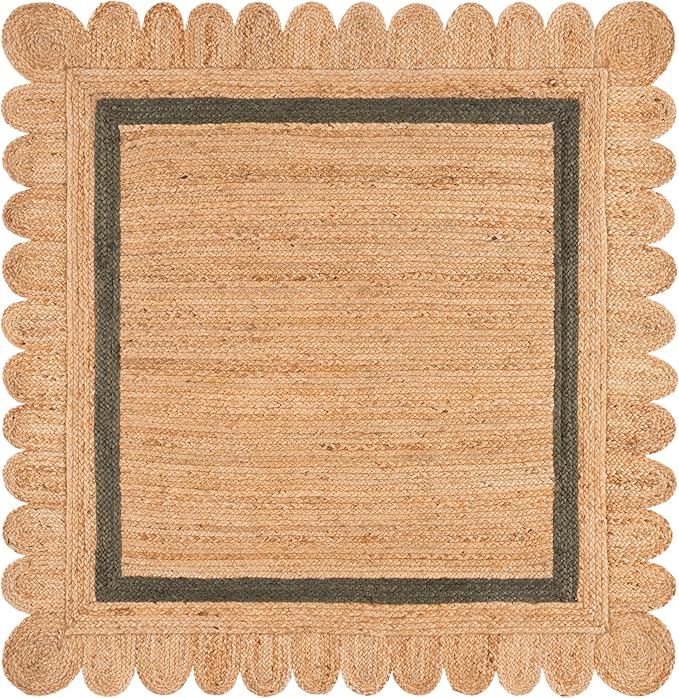 SAFAVIEH Natural Fiber Collection Area Rug - 6' Square, Natural & Olive, Handmade Jute, Ideal for Living Room, Bedroom, Dining Space (NF896X)