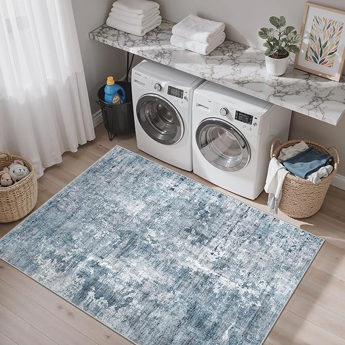 Area Rugs 4x6 for Living Room, Vintage Abstract Washable Rugs for Dining Room, Kitchen, Non-Slip Area Rug Blue