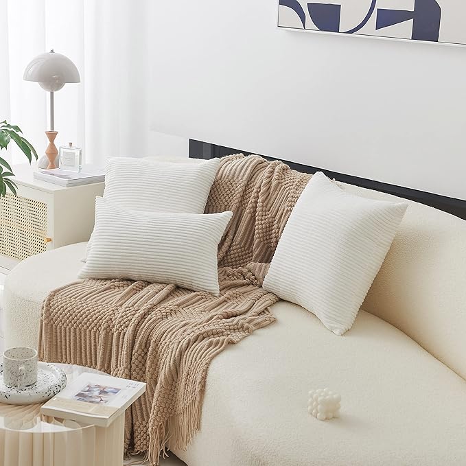 Home Brilliant White Euro Shams Set of 2 24x24 Throw Pillow Covers Spring Decoration Striped Velvet Corduroy Euro Throw Pillow Sham Couch Cushion Cover for Teen Girls, 24 x 24 inch, Creamy White