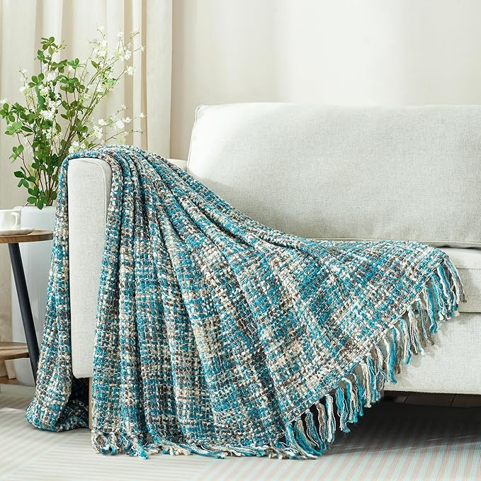 Multi-Color Teal Cable Woven Throw Blanket for Couch,60"X80" Boho Style Textured Blankets for Home Decor,Super Soft Warm Cozy Chunky Blanket with Decorative Tassels for Bed and Sofa