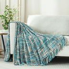 Multi-Color Teal Cable Woven Throw Blanket for Couch,50"X60" Boho Style Textured Blankets for Home Decor,Super Soft Warm Cozy Chunky Blanket with Decorative Tassels for Bed and Sofa