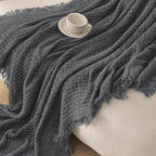Exclusivo Mezcla Twin Size Knit Blanket with Fringes for Bed, Reversible Super Soft and Warm Woven Boho Throw for All Season, Home Decor, 60"x80", Dark Grey