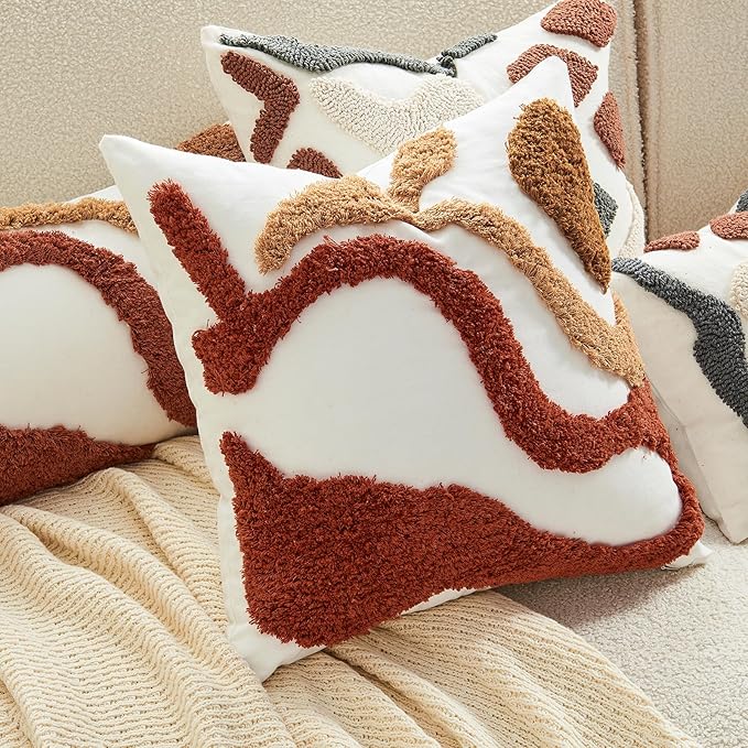 lifein 18x18 Pillow Covers-Throw Pillow Covers Boho Couch Pillows Embroidered Decorative Accent Pillows Mid Century Textured Pillowcases for Couch Sofa Living Room Bed Home Decor (Burnt Orange)