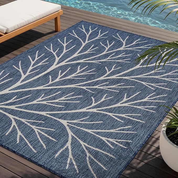 Washable Indoor Outdoor Rug 6x9 Modern Area Rugs Branch Pattern Non Shedding Waterproof Easy Clean Patio Deck Porch Living Room Bedroom Garden RV (6 X 9 Blue)