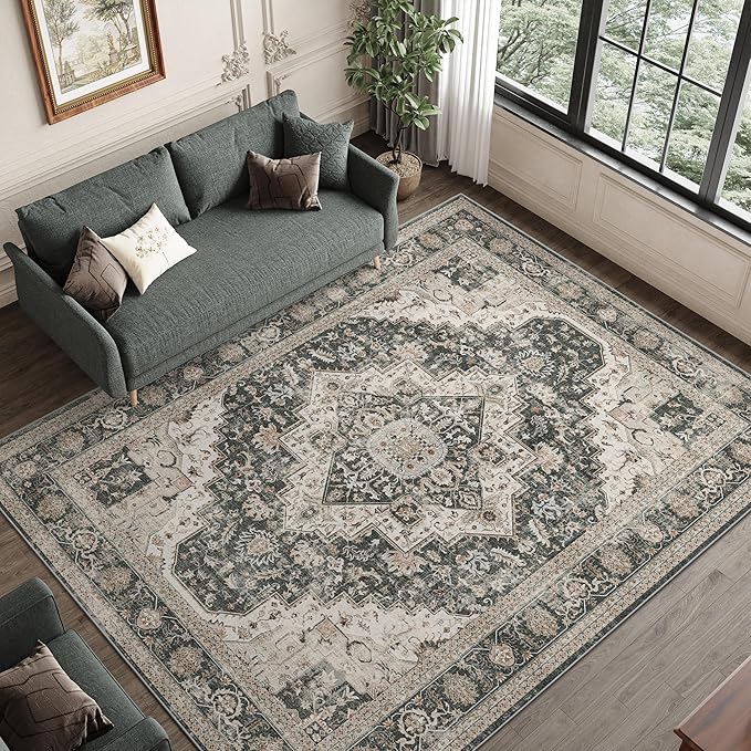 Washable Rugs 8x10 Area Rugs for Living Room, Bedroom, Office, Ultra-Thin Anti Slip Backing Rug, Super-Soft Vintage Large Area Rug, Home Decor Farmhouse Rugs (Black/Beige, 8'x10')