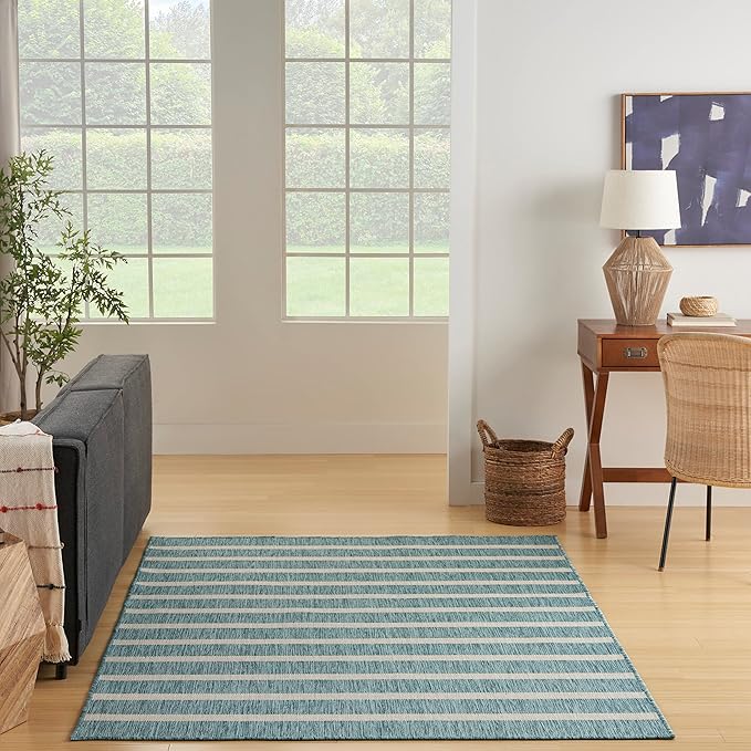 Nourison Home Positano Aqua Ivory 7' x 10' Area Rug - Easy Clean, Non Shedding, Bed Room, Living Room, Dining Room, Kitchen (7' x 10')