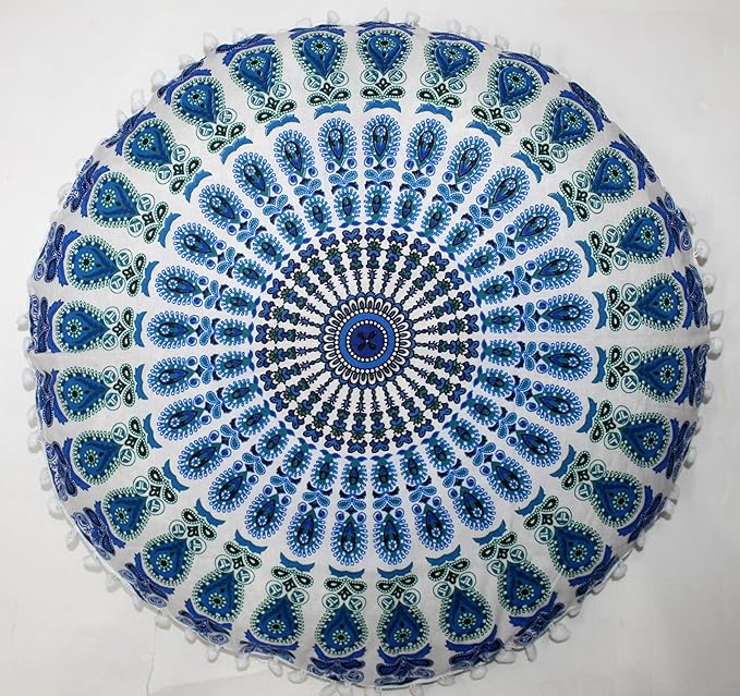 CRAFT KALA Large Round Bohemian Floor Pillow Pouf Cover Mandala Meditation Room Pillow Cover for Adults Boho Seating Poufs Cushion Cover for Kids Playroom 32" Round Green Sky Peacock