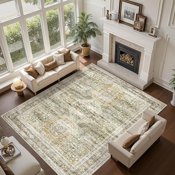 Washable Area Rug 8x10, Large Soft Rugs for Living Room Vintage 8x10 Area Rugs for Bedroom Dining Room Non-Slip Stain Resistant Under Table Green Orange Rug