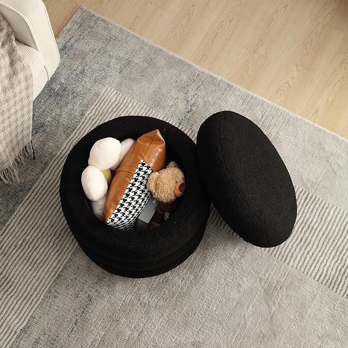 Flouki 19.5" Storage Ottoman Round, Vanity Stools for Bedroom, Sherpa Pouf Ottoman with Removable Lid, Modern Ottoman Stool for Girls Women, Foot Stool for Living Room, Black