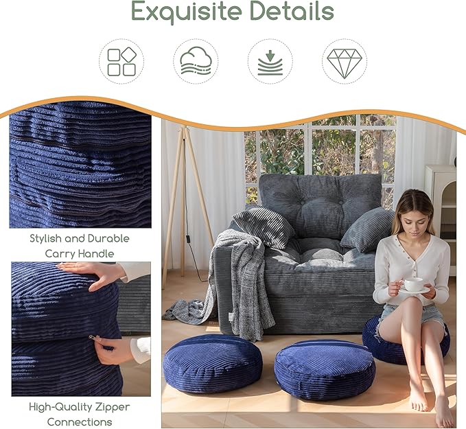 HIGOGOGO Pouf Ottoman Stuffed Round Modern Foam Filled Foot Rest Poufs 20 X 18 Inches Modular Ottomans Separated Into Floor Cushions for Living Room Chair Decorative Stool, Navy