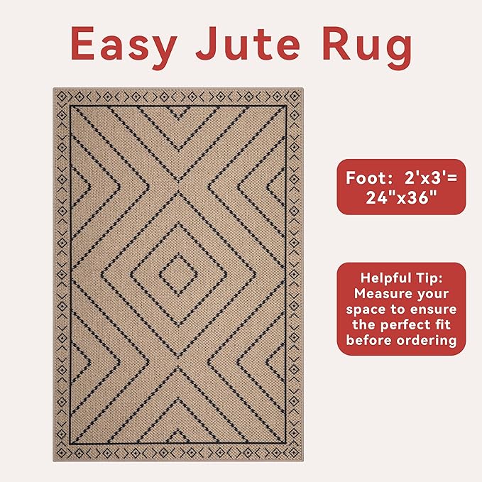 Tangsoo Easy Jute Rug 2x3 Outdoor Rug,Washable Non-Slip Rug for Entryway,Neutral Geometric Ultra Thin Indoor Carpet Farmhouse Throw Mat for Kitchen Bedroom Front Door Entrance