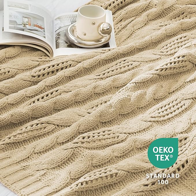 Amélie Home Chunky Knit Throw Blanket, Dual-Sided Soft Chenille Breathable Cable Knitted Blanket for Couch, Farmhouse Decorative Throw for Sofa & Chair, 50"x60", Beige