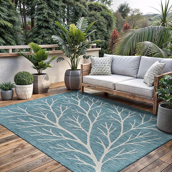 Washable Indoor Outdoor Rug 5x7 Modern Area Rugs Branch Pattern Non Shedding Waterproof Easy Clean Patio Deck Porch Living Room Bedroom Garden RV (5 X 7 Aqua)