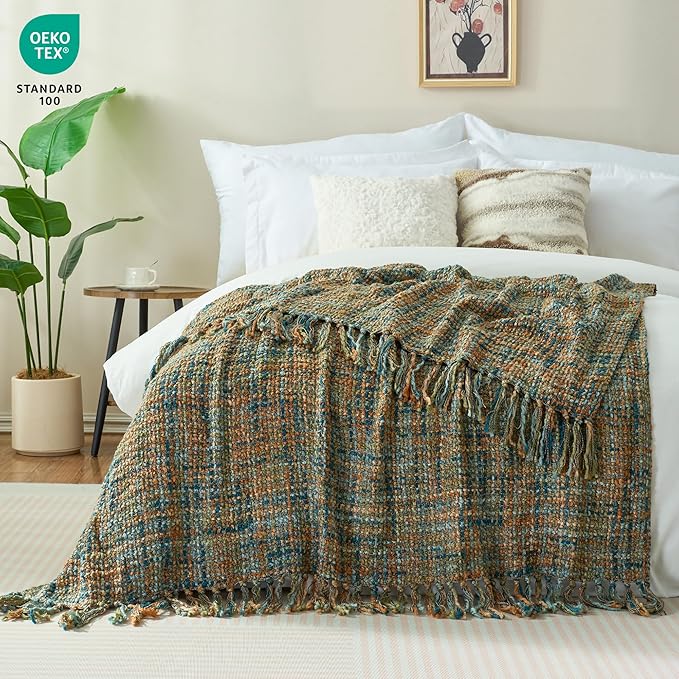 Multi-Color Gold Green Cable Woven Throw Blanket for Couch,50"X60" Boho Style Textured Blankets for Home Decor,Super Soft Warm Cozy Chunky Blanket with Decorative Tassels for Bed