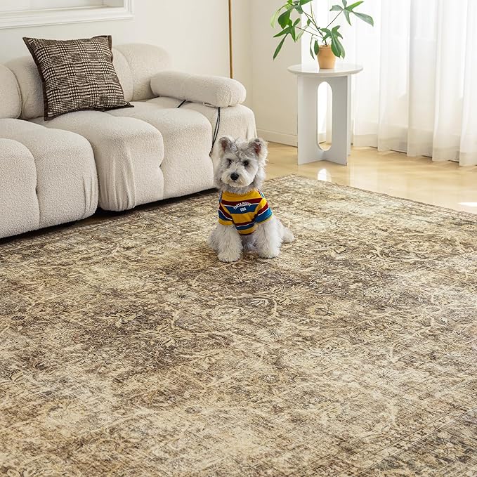 FMFUNCTEX 10x14 Washable Area Rug Brown Vintage Neutral Distressed Large Non Slip Carpet for Living Room Bedroom Soft Low Pile Indoor Mat Retro Floral Throw Rug for Dining Room Kitchen Office Nursery