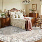 7x7 Living Room Area Rug: Washable Oriental Printed Soft Round Rug for Bedroom Besides Non-Slip Low-Pile Carpet for High-Traffic Area Indoor Stain Resistant Distressed Home Decor Mat(7Round,Beige)