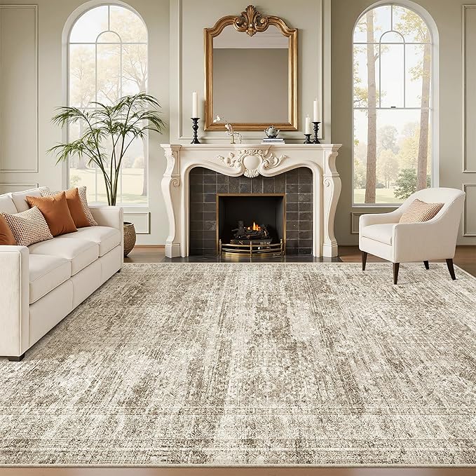 Washable Area Rug 8x12, Large Soft Rugs for Living Room Vintage Brown Carpet 8x12 Area Rugs for Bedroom Dining Room Non-Slip Stain Resistant Under Table Rug