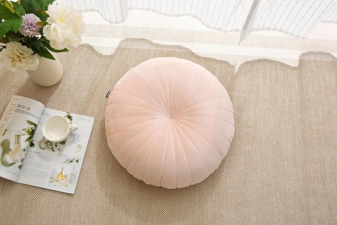Floor Pillow Meditation Cushion Round Large Floor Pillows Seating for Adults, Velvet Thick Floor Cushions for Yoga Living Room Balcony Outdoor Tatami 18inches（Pink）