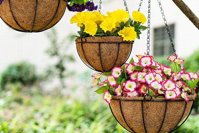 Kingbuy 8" Metal Hanging Plant Baskets with Coconut Liner (2 Pack) - Farmhouse Wire Planters Flower Pots for Plants Ferns Indoor Outdoor Balcony Patio Garden Decoration