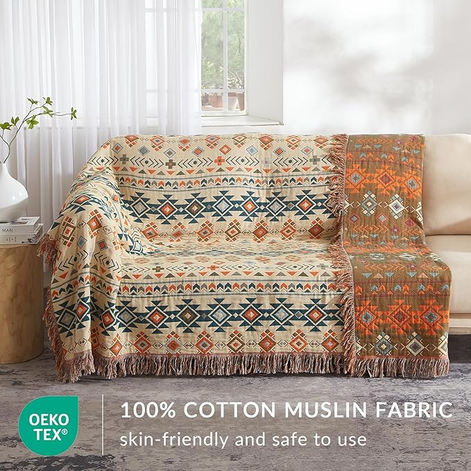 Boho Throw Blanket for Couch Sofa Bed, 100% Cotton Woven Quilt with Tassel 90”x98”, Super Soft Muslin Blanket with Patchwork Printed, Decorative Reversible Bed Blanket/Cover for All Seasons