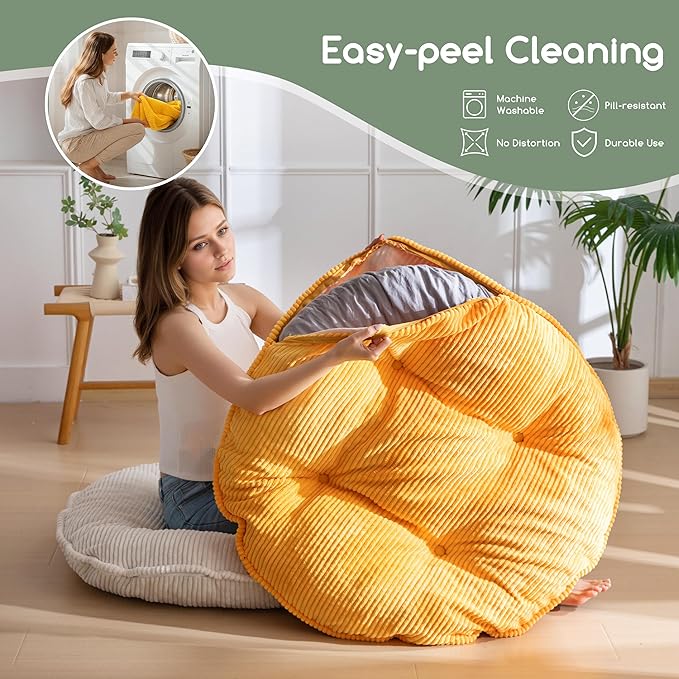 35" Washable Floor Pillow Cushion for Adults, Meditation Cushion Pillow, Extra Large Round Floor Sitting, Removable Tufted Corduroy Cover, for Tatami Living Room or Yoga, Orange, Machine Washable