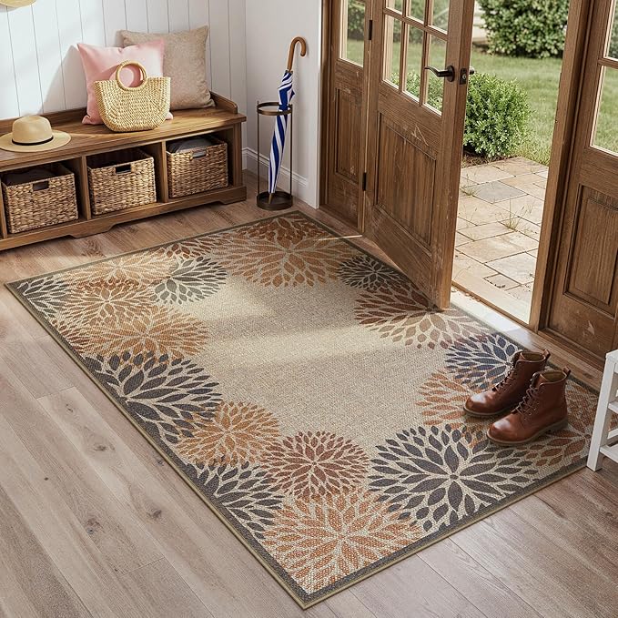 LIVEBOX Modern 3x5 Jute Outdoor Patio Rug, Washable Rugs for Entryway Porch, Tropical Floral Boho Farmhouse Carpet, Non Slip Front Door Mat for Outdoor Indoor Entryway Guestroom Decor (Beige 3'x5')