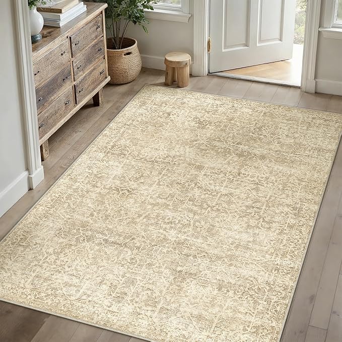 HUGEAR Area Rug 5x7 Retro Beige/Brown Machine Washable Living Room Rugs Distressed Vintage Floral Vacuumable Low Pile Carpet Bedroom Office Dining Room Laundry Room Non Slip Soft Lightweight