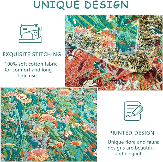 Boho Throw Blanket - 60"x80" 100% Cotton Ultra Soft Lightweight Spring Blanket, 4-Layer Breathable Muslin Blankets for Bed Couch, Reversible Green Floral Printed Bohemian Cotton Quilt