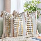 AmHoo Set of 2 Chenille Striped Textured Boho Throw Pillow Covers Aesthetic with Tassels Woven Decorative Pillow Case for Couch Bed Sofa Bedroom Modern Funky 18 x 18-Inch Grey