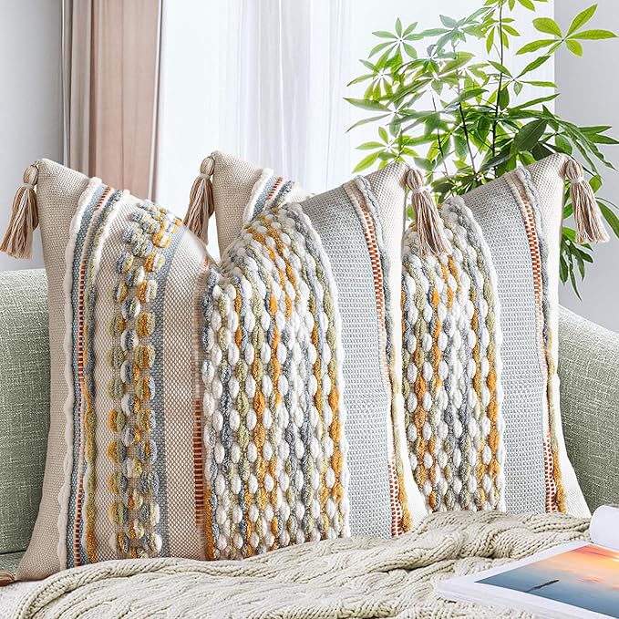AmHoo Set of 2 Chenille Striped Textured Boho Throw Pillow Covers Aesthetic with Tassels Woven Decorative Pillow Case for Couch Bed Sofa Bedroom Modern Funky 18 x 18-Inch Grey