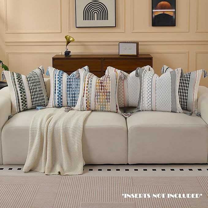 Set of 2 Boho Pillow Covers with Tassels Sky Blue 18x18 Inch Farmhouse Decorative Chenille Tufted Striped Throw Pillow Covers Neutral Accent Square Textured Pillowcase for Couch Bed Livingroom