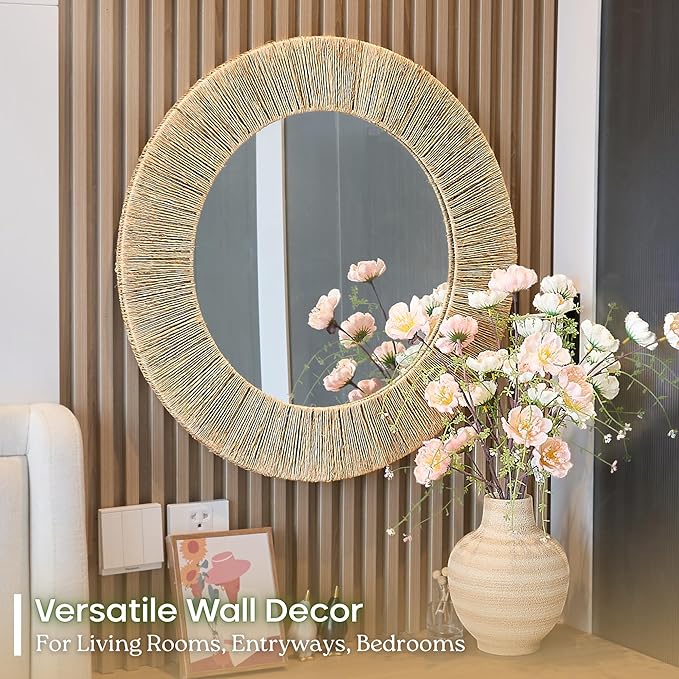 24 Inch Natural Jute Mirror, Wall Mounted Round Mirror with Metal Frame, Wall Decor Rustic Farmhouse Boho Decor Accent for Bathroom, Bedroom, Living Room, or Entryway
