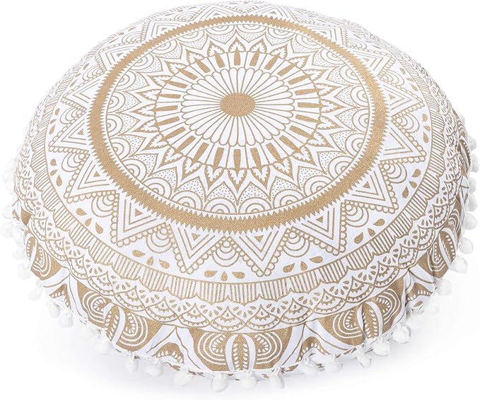 Popular Handicrafts Floor Pillow Cushion Cover - Hippie Mandala Round Ombre Pouf Sham - Meditation Seating Ottoman Bohemian with Pom Pom with Soft Particles- 18" Gold
