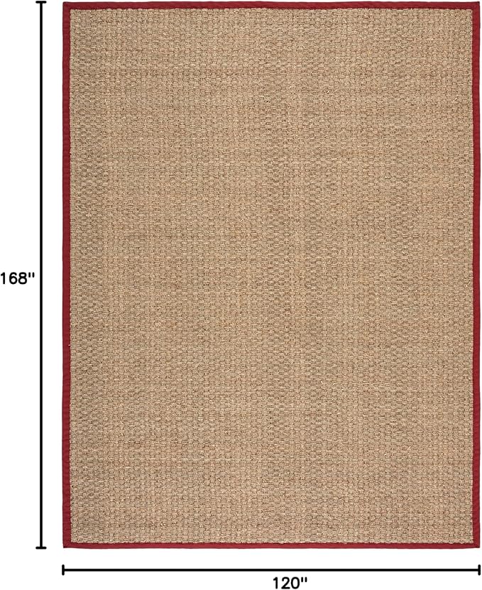 SAFAVIEH Area Rug 10x14 - Natural Fiber Collection - Large - Natural & Red, Seagrass, Basketweave Pattern with Border (NF114D)