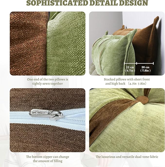 Johnear Headboard Backrest Set of 2 Pack Chenille Throw Pillows for Daybed Couch Support Reading Pillows for Sitting in Bed Adult, Green Large Bolster Pillow for King Size Bed Wedge Pillow