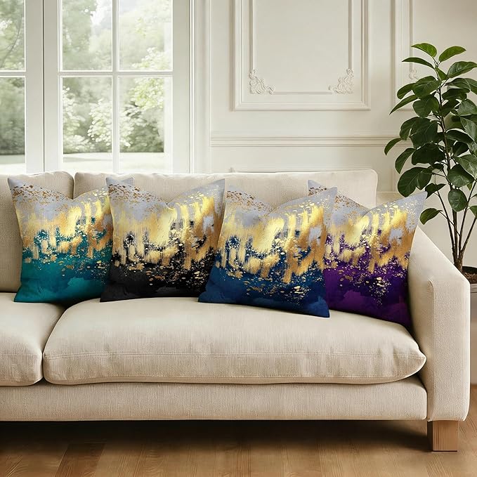 Navy Blue and Gold Pillow Covers 18 x 18 inch Set of 2 Decorative Cushion Covers Blue and Gold Square Pillowcases for Bedroom Sofa Home Decor