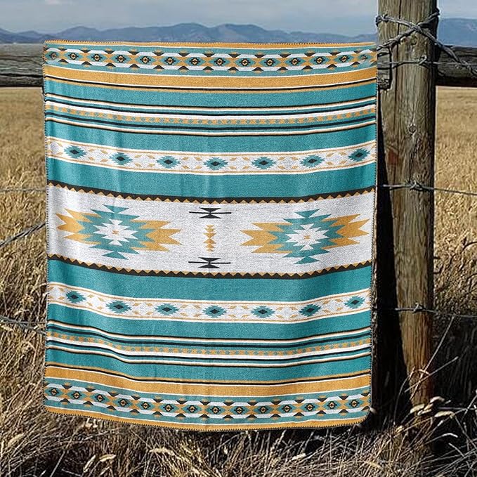 Aztec Patterned Throw Blanket with Soft Sherpa Lining 104”x90”, Traditional Southwestern Navajo Tribal Style Warm Throw for Home Decor, Light Weight Cozy Boho Blanket for Bed, Couch, Sofa, Teal