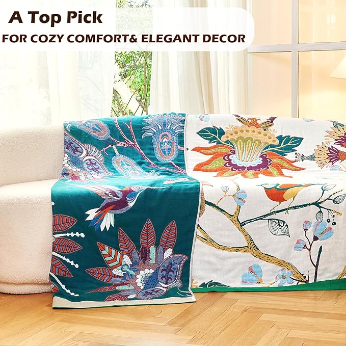 Boho Throw Blanket, 100% Organic Cotton Breathable Skin-Friendly Ultra Soft Bed Quilt Throw - All Season Floral Bird Farmhouse Décor Luxury Blanket for Sofa Couch Chair and Gift. 50" x 60"