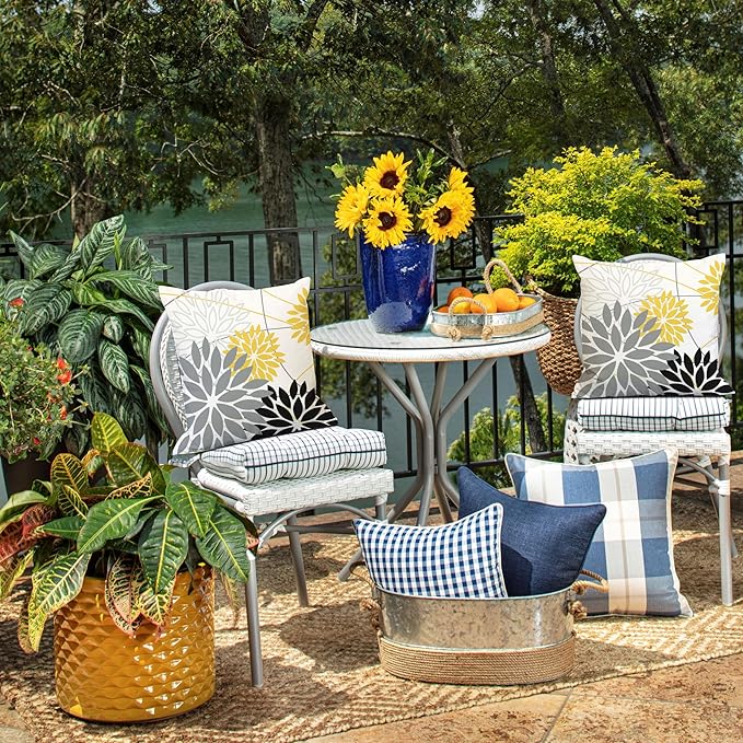 Grey and Yellow black Floral Pillow Covers 18x18 Set of 2 Outdoor Waterproof Decorative Throw Pillows Summer Pillow covers Polyester Cushion Case Decor for Couch Patio Funiture Garden Porch 011C18