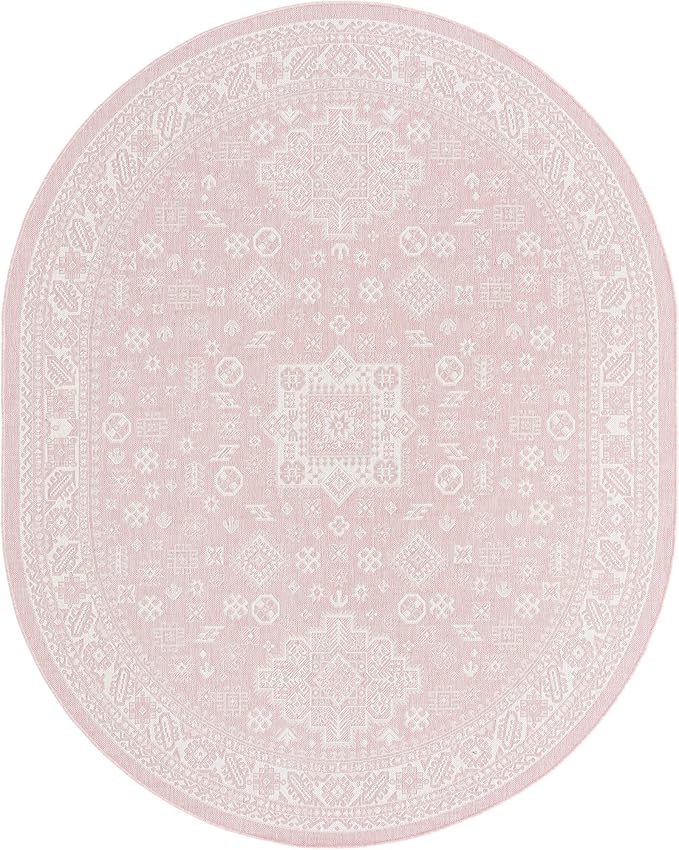Rugs.com Outdoor Aztec Collection Rug – 8' x 10' Oval Pink Flatweave Rug Perfect for Living Rooms, Large Dining Rooms, Open Floorplans