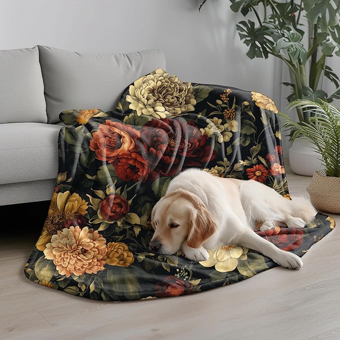 Black Floral Throw Blanket, Vintage Dark Flower Blanket for Bed Sofa Travel and Camping Flannel Blanket Gift, Super Soft Cozy Fluffy Plush Blanket for All Seasons, 50" x 60"