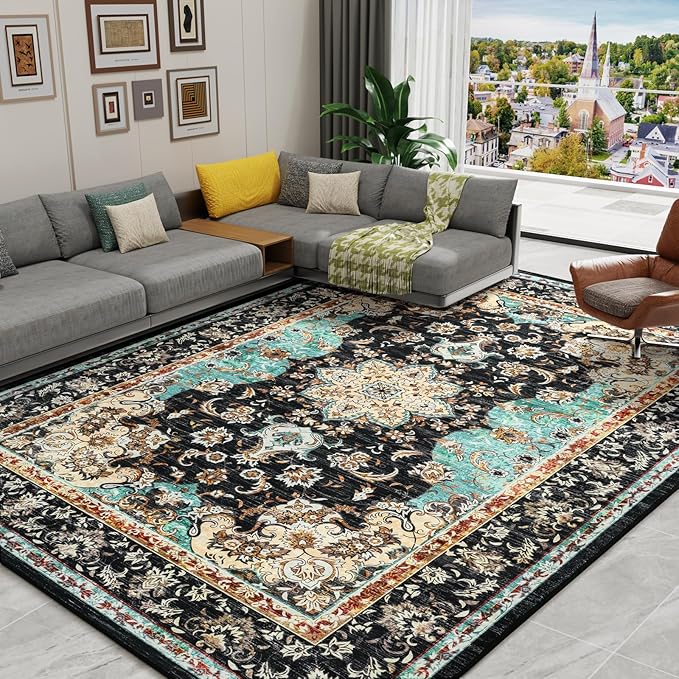 Amearea Vintage Design Black Area Rugs for Living Room, 5x8 Machine Washable Floral Collection Traditional Bedroom Rug, Low Pile Kids Room Carpet, No Slip Office Kitchen Home Decor, Black and Green