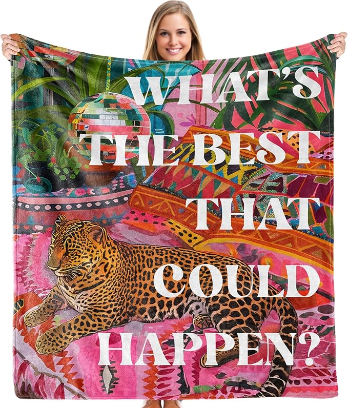 Trendy Preppy Leopard Blanket, Inspirational What's The Best That Could Happen Maximalist Cheetah Throw Blankets Gifts for Bed Couch Girly Room Bedroom Dorm Home Decor, 50x60 Inches
