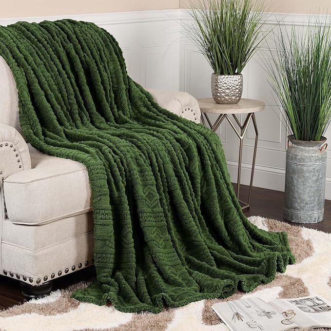 Superior Fleece Boho Jacquard Blanket, Decorative Blankets for Bedroom, Sofa, Fuzzy, Plush, Fluffy, Soft, Cute Room Decor, Beautiful Cover, Comfort Essentials, Arctic Collection, Throw XL, Green
