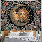 Fungarth Sun and Moon Tapestry Hippie Boho Floral Wall Tapestry for Bedroom Aesthetic Vintage Plant Celestial Spiritual Botanical Small Tapestries Wall Hanging for Living Room Dorm 60 x 44 Inch