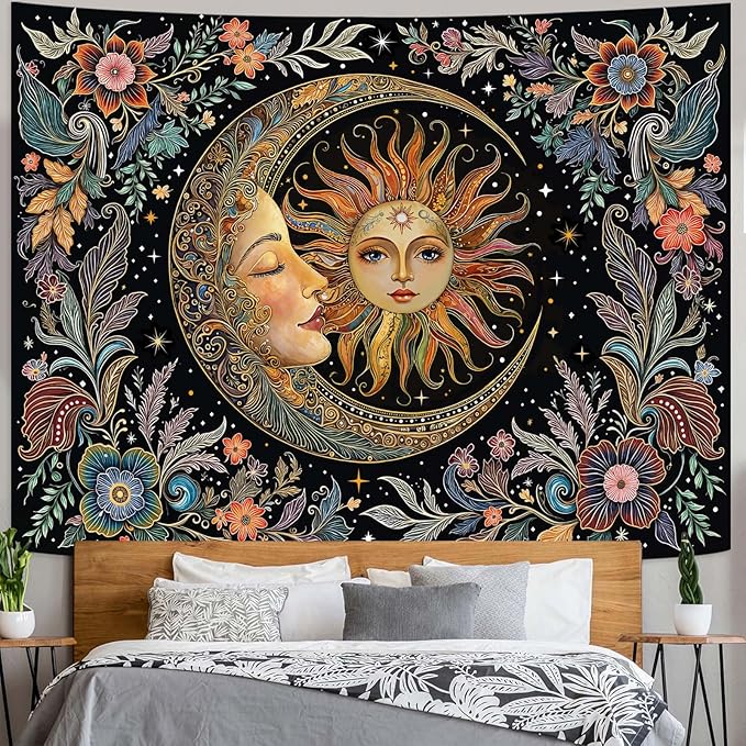 Fungarth Sun and Moon Tapestry Hippie Boho Floral Wall Tapestry for Bedroom Aesthetic Vintage Plant Celestial Spiritual Botanical Large Tapestries Wall Hanging for Living Room Dorm 80 x 60 Inch