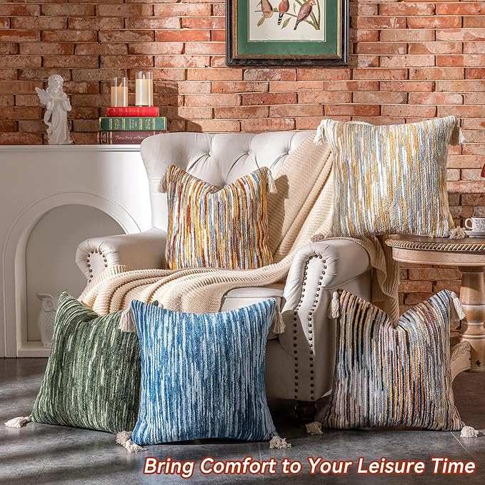 AmHoo Boho Throw Pillow Cover Decorative Bohemian Woven Tufted Striped Farmhouse with Tassels Textured Cushion Case Pillowcase Neutral for Sofa Couch Bed 18 x 18-Inch Light Grey