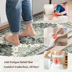Boho Kitchen Mats for Floor 2 Piece Set Anti Fatigue Cushioned PVC Kitchen Rugs Non Slip Waterproof Farmhouse Mats 2/5 Inch Comfort Standing Mat for Sink, Laundry, Office, 17.3"x59"+17.3"x28", Green