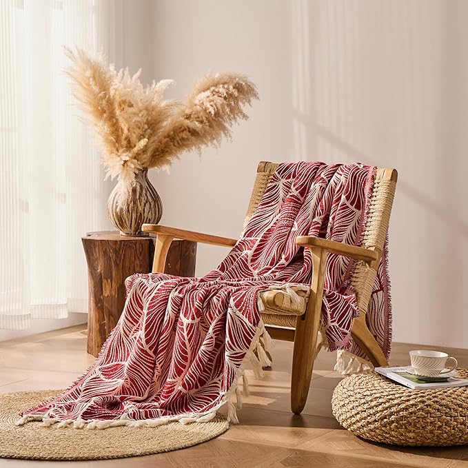 DOWN HOME Chenille Cotton Throw Blanket for Couch, Lightweight Boho Blanket for Bed Sofa Chair Living Room Outdoor Soft Woven Decorative Blanket with Tassel Gift Red Leaves 50"x70"